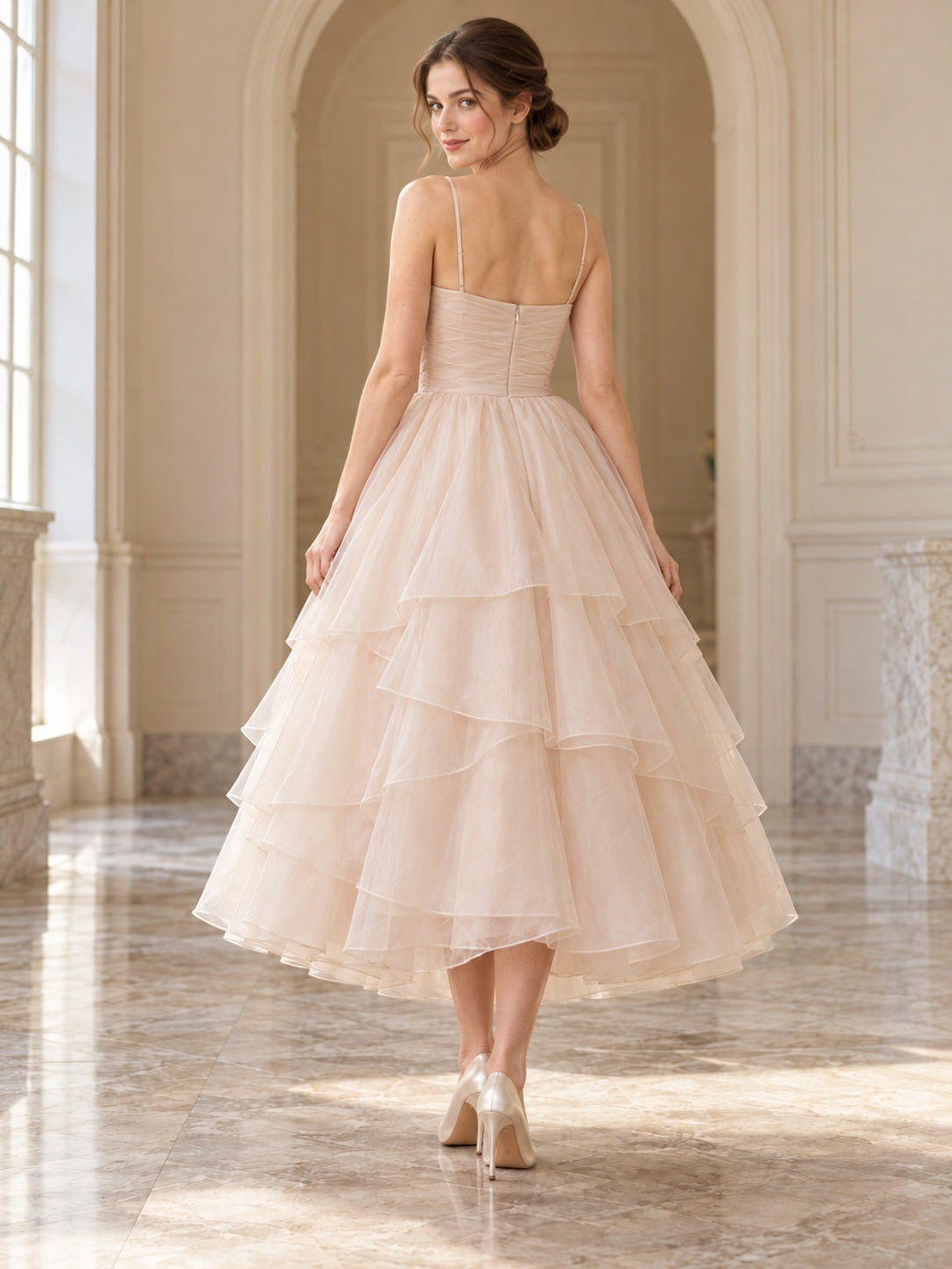 Tea-length Champagne Organza Spaghetti Ruched Tiered A-Line Natural Waist Wedding Dress — image 2, style 747718
