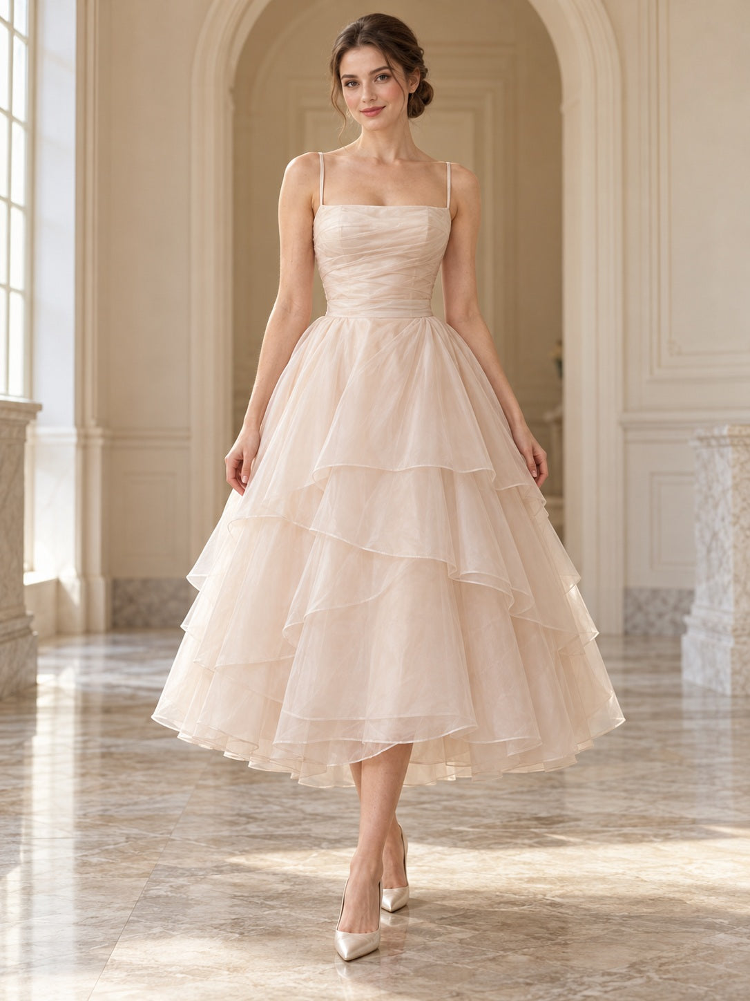 Tea-length Champagne Organza Spaghetti Ruched Tiered A-Line Natural Waist Wedding Dress — image 1, style 747718