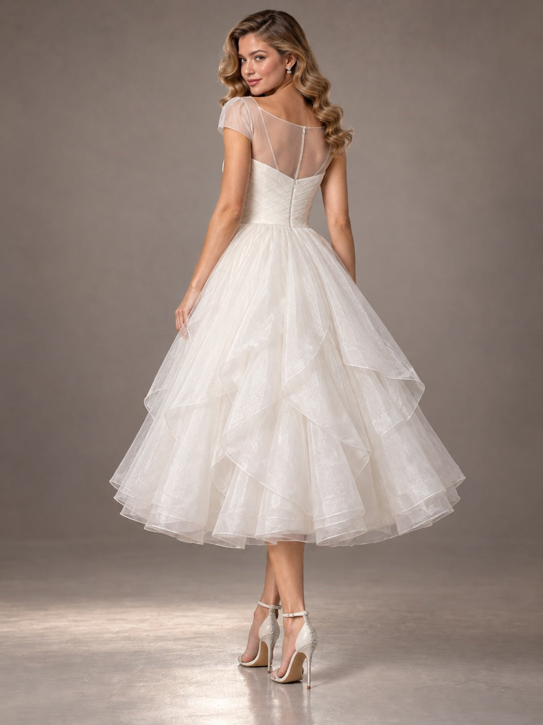 Tea-length Organza Bateau Cap Sleeve Sculpted Layered Natural Waist Wedding Dress — image 2, style 747719