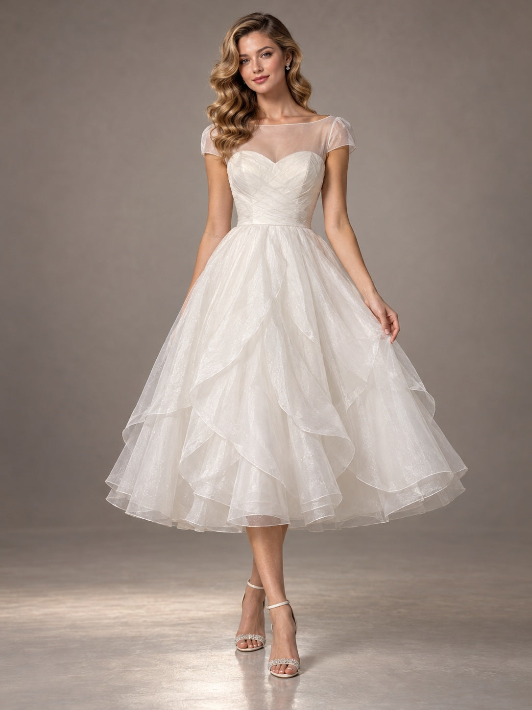 Tea-length Organza Bateau Cap Sleeve Sculpted Layered Natural Waist Wedding Dress — image 1, style 747719