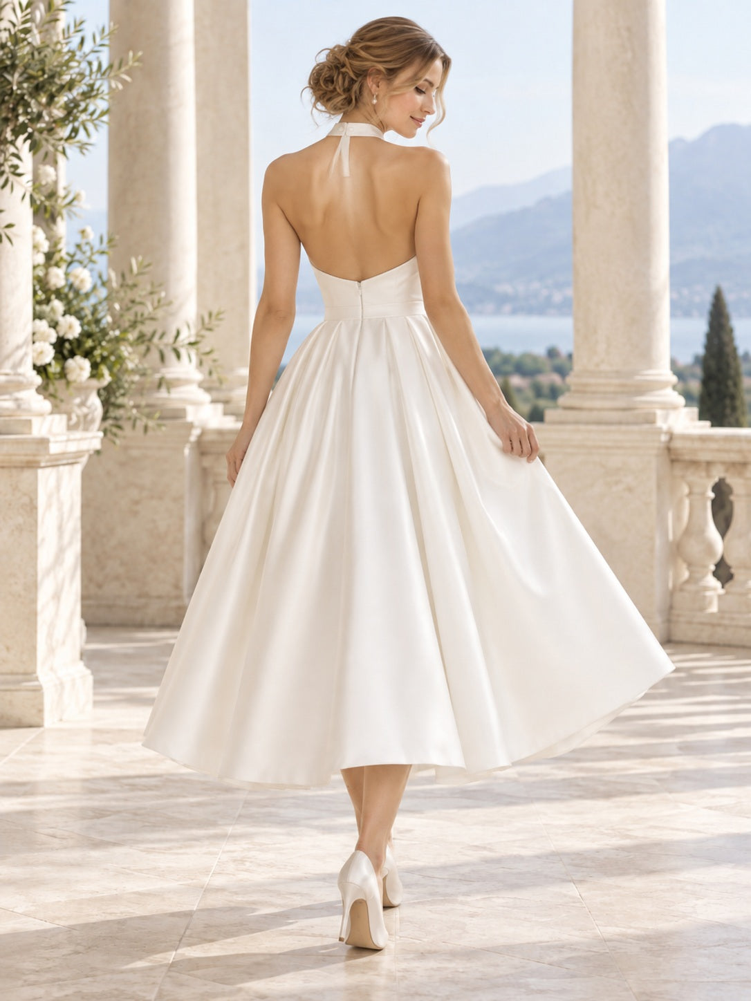Tea-length Simple Satin Halter Open Back Flared Natural Waist Wedding Dress — image 2, style 747724