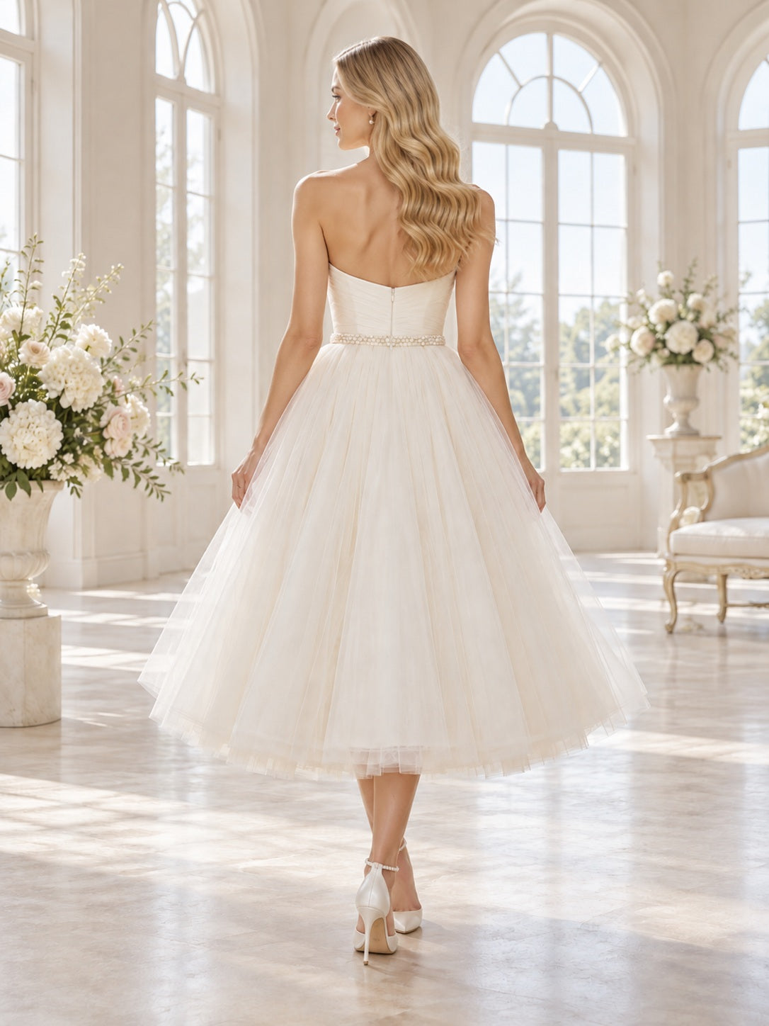 Tea-length Tulle Strapless Sweetheart Waistband Flared Pleated Romantic Wedding Reception Dress — image 2, style 747725