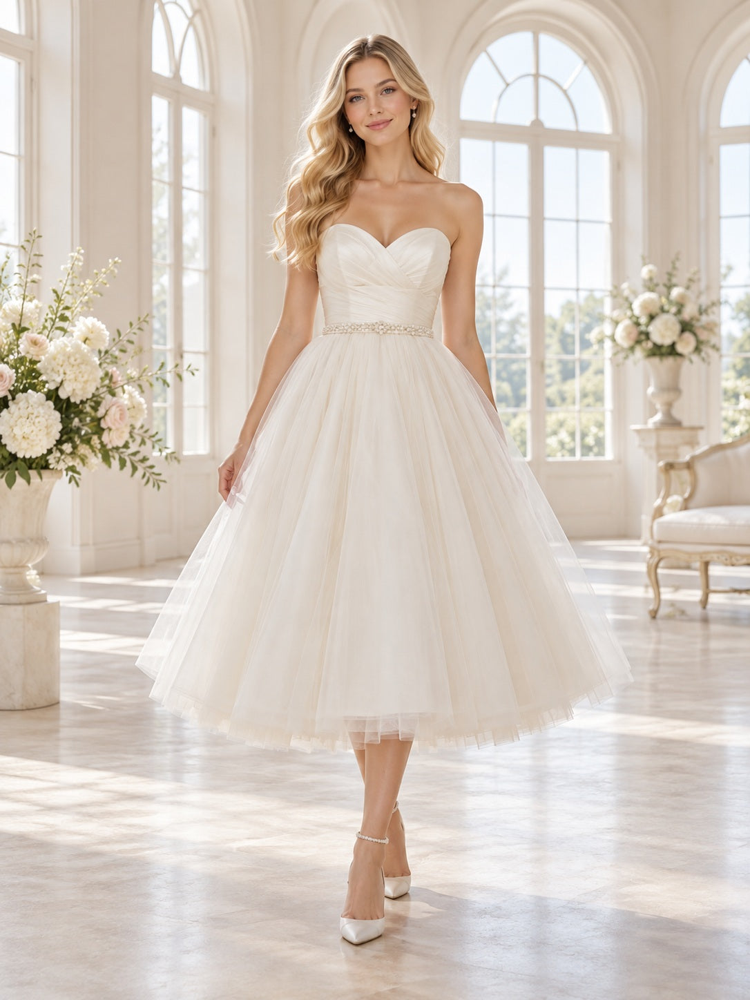 Tea-length Tulle Strapless Sweetheart Waistband Flared Pleated Romantic Wedding Reception Dress — image 1, style 747725