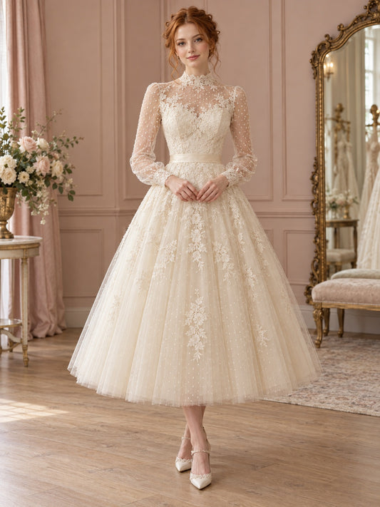 Tea-length Modest Champagne Tulle High Neck Long Sleeve Wedding Dress — image 1, style 747727