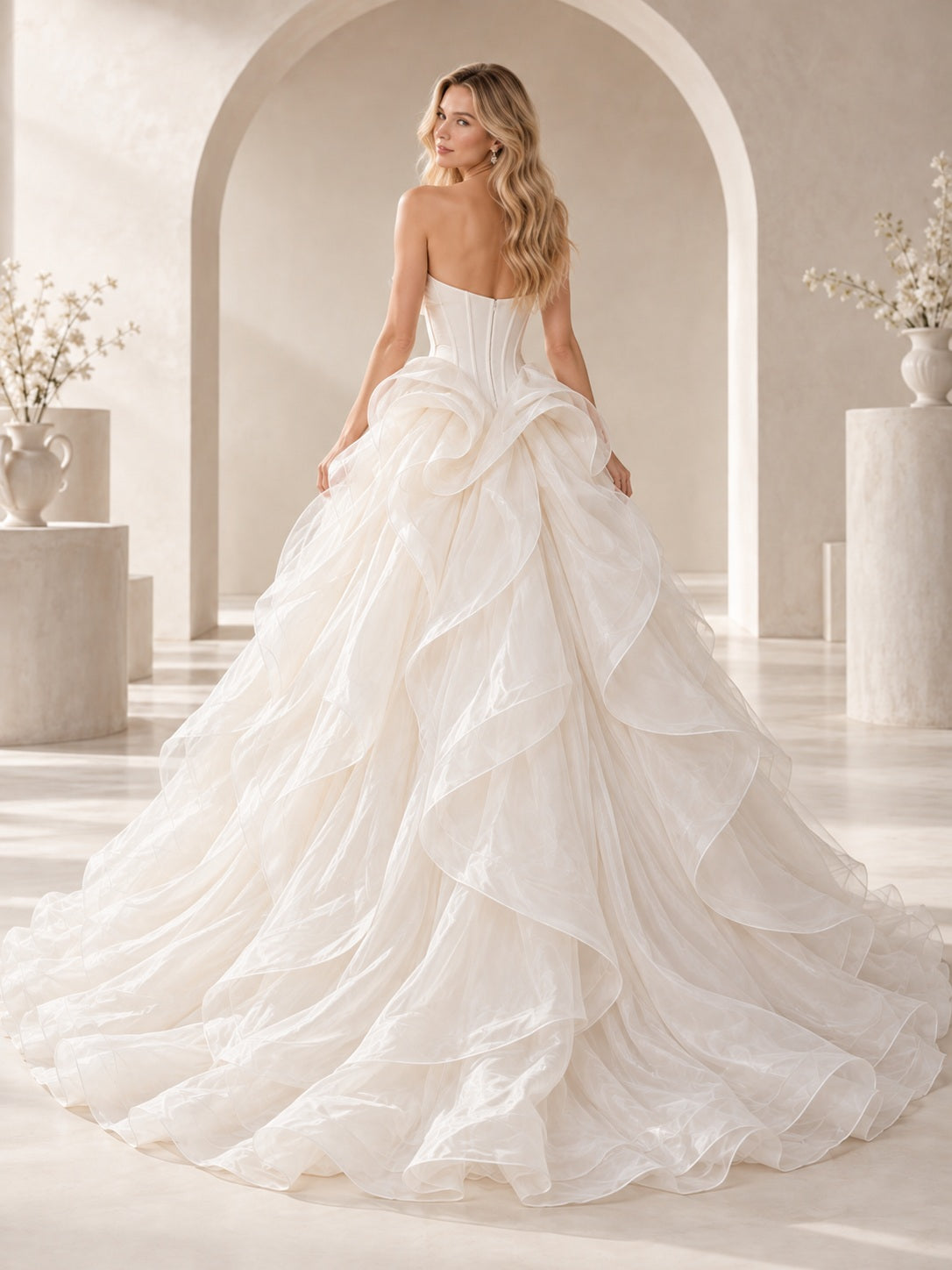 Vestido de novia de organza en marfil, corte princesa, sin tirantes y escote corazón y cola capilla