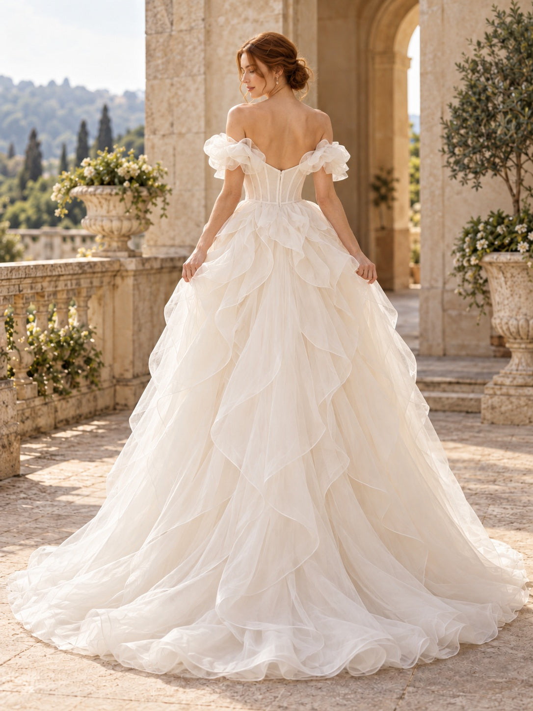 Sculptural Organza Off Shoulder Sweetheart Petal Sleeve Princess Wedding Dress — image 2, style 747732