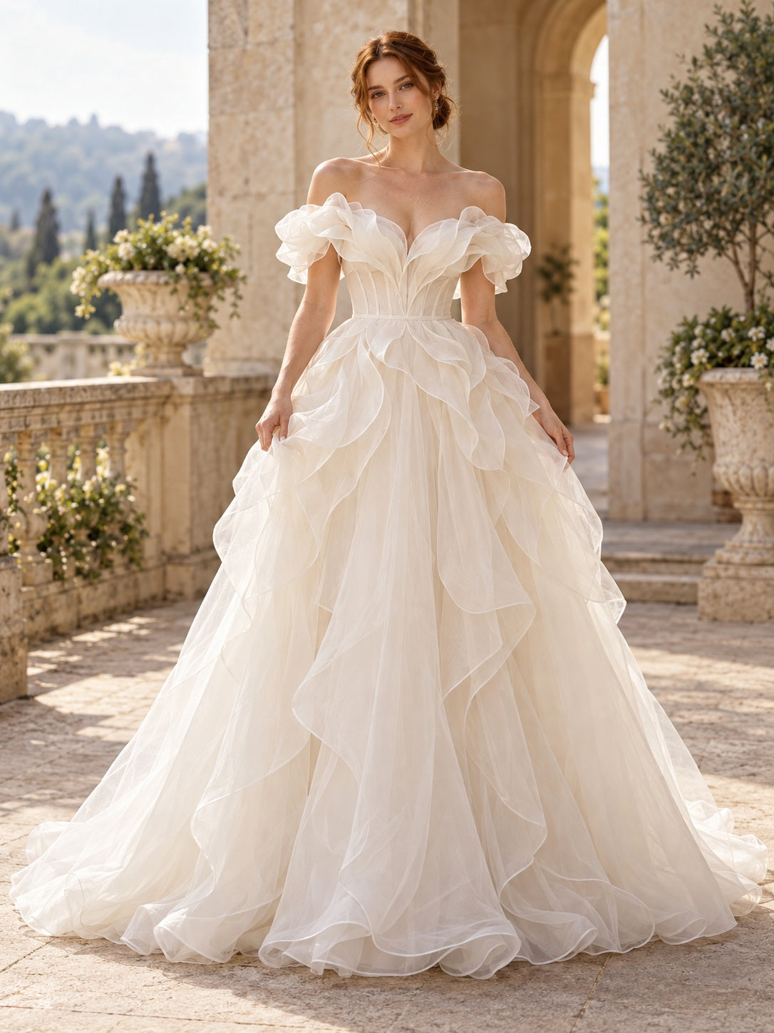 Sculptural Organza Off Shoulder Sweetheart Petal Sleeve Princess Wedding Dress — image 1, style 747732