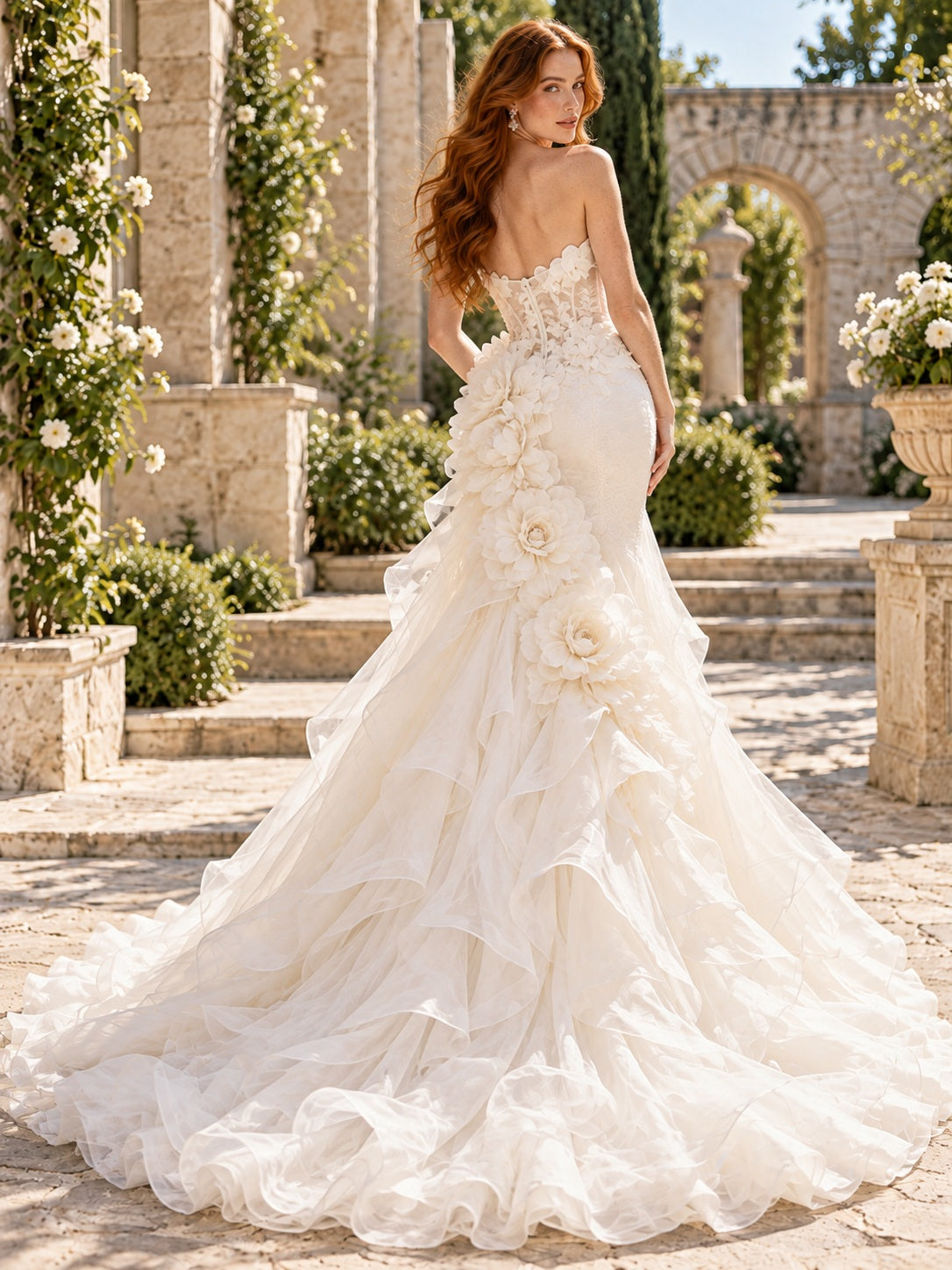 Robe de mariée sirène sculpturale en organza, encolure cœur, dentelle florale et traîne en cascade