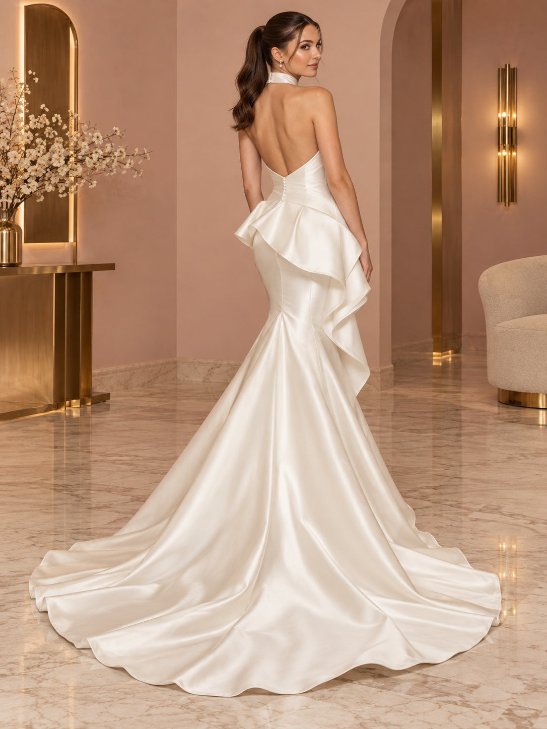 Skulpturales Neckholder-Brautkleid aus Satin mit Meerjungfrau-Silhouette, überkreuztem Ausschnitt und seitlicher Kaskade