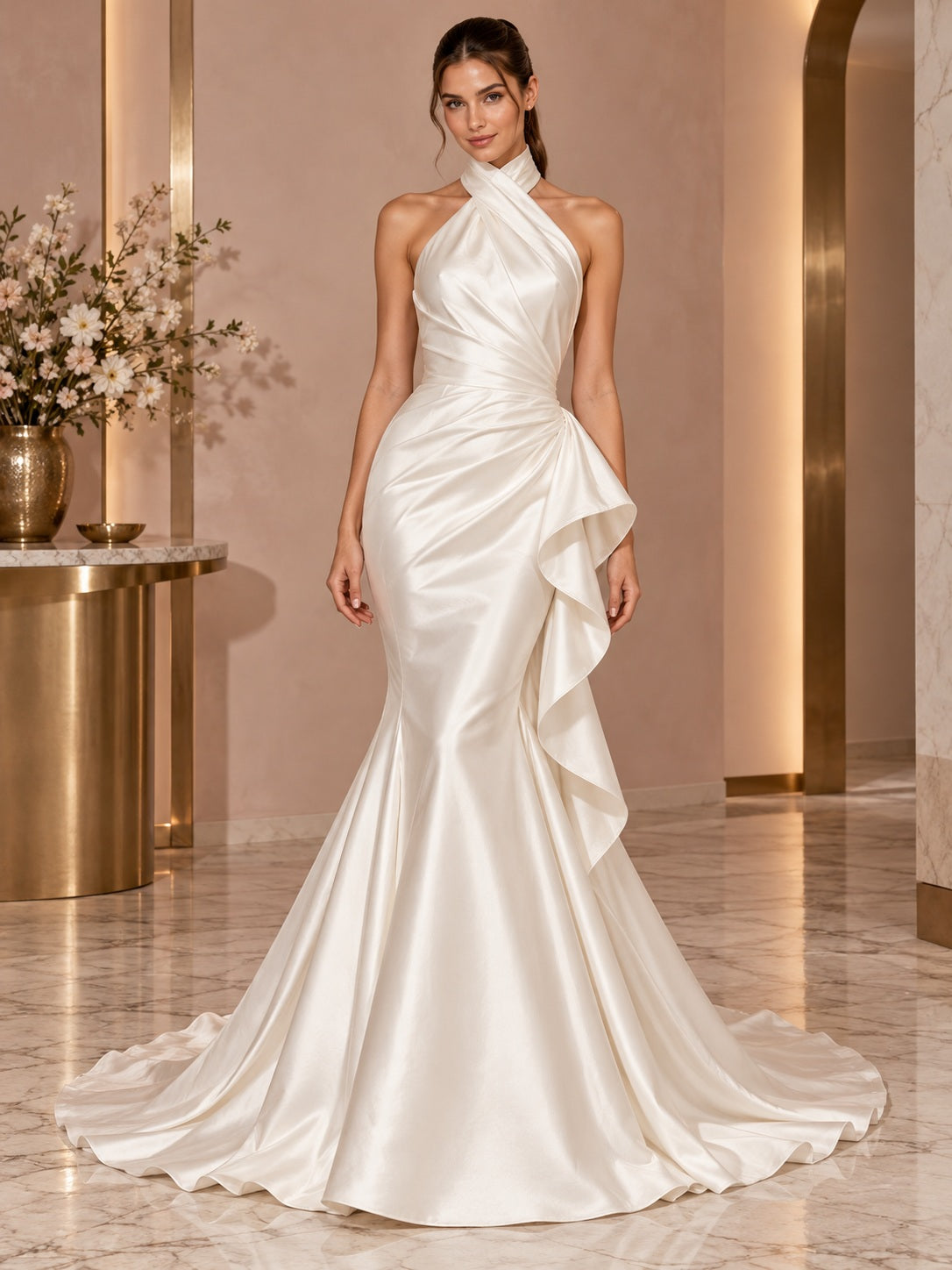 Skulpturales Neckholder-Brautkleid aus Satin mit Meerjungfrau-Silhouette, überkreuztem Ausschnitt und seitlicher Kaskade
