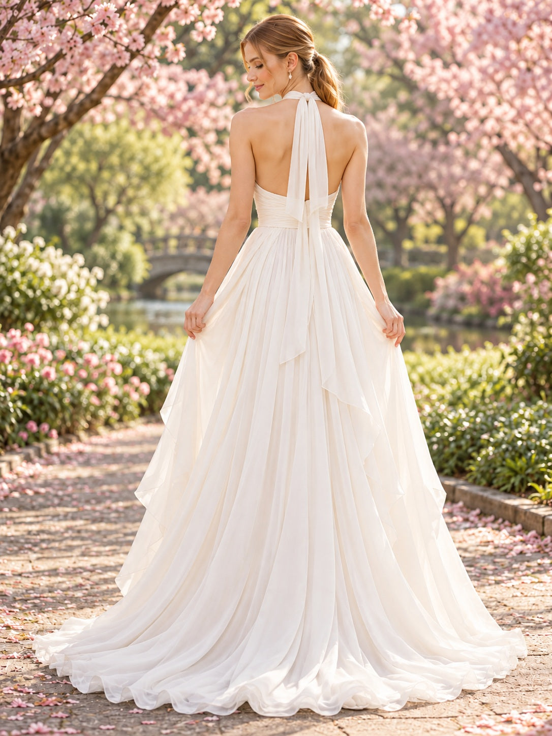 Fließendes Chiffon-Brautkleid mit Neckholder, V-Ausschnitt, Drapierung, Frühjahrs-Look und natürlicher Taille