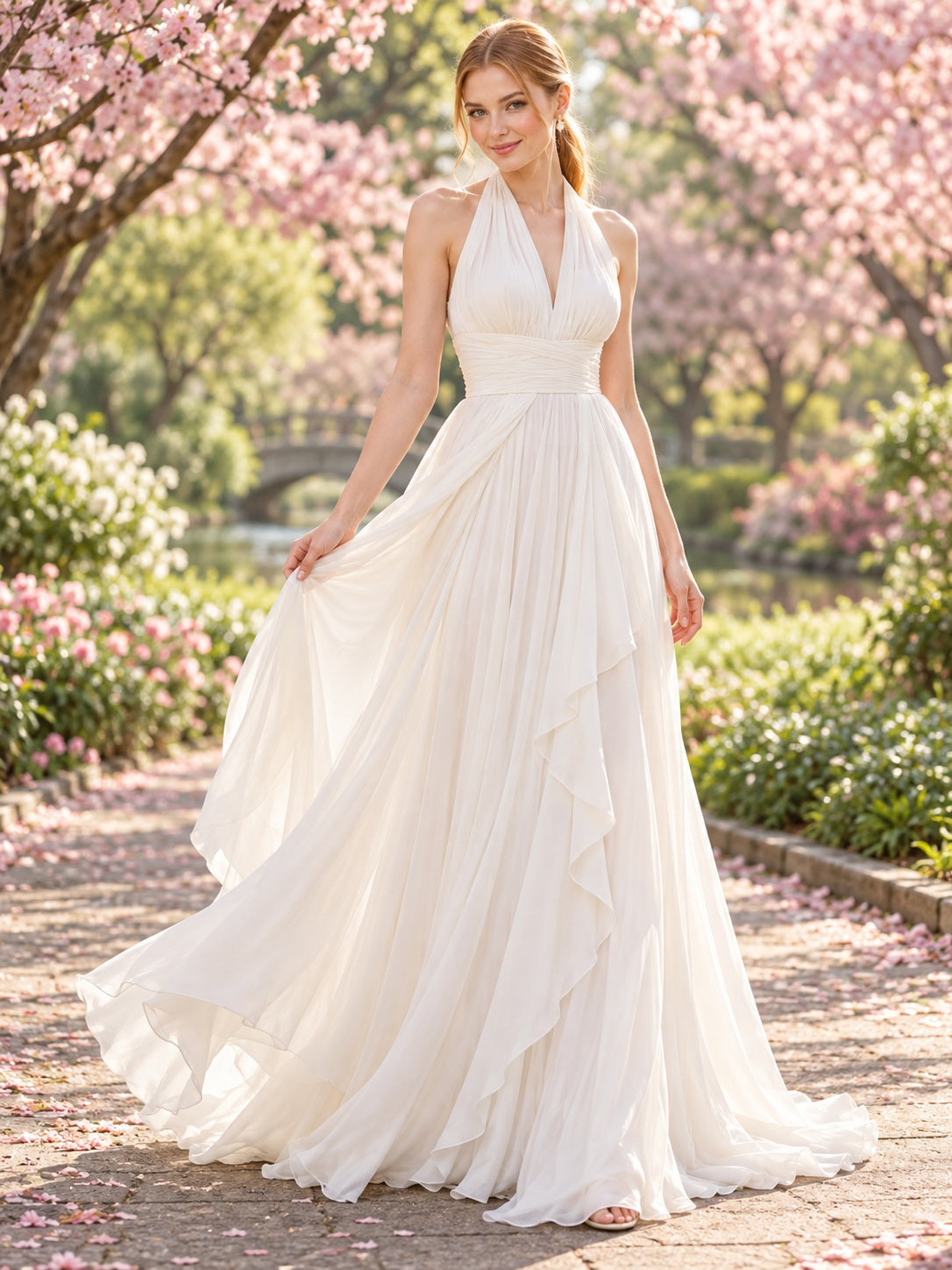 Fließendes Chiffon-Brautkleid mit Neckholder, V-Ausschnitt, Drapierung, Frühjahrs-Look und natürlicher Taille