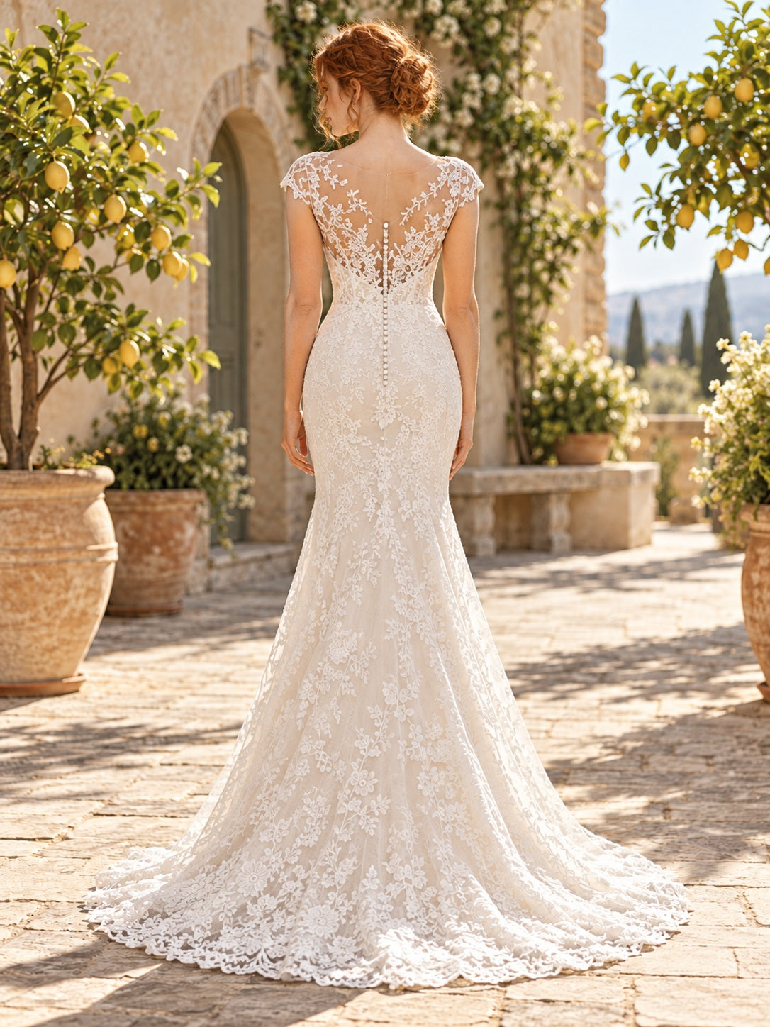 Summer Lace Bateau Cap Sleeve Mermaid Scalloped Natural Waist Wedding Dress — image 2, style 747757