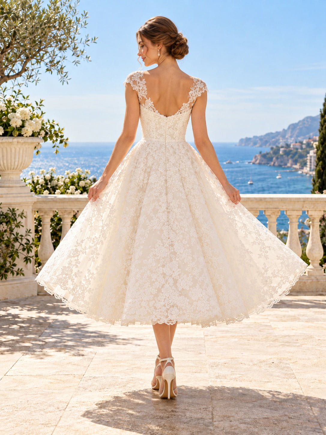 Tea-length Summer Lace Bateau Cap Sleeve Flared Natural Waist Wedding Dress — image 2, style 747758