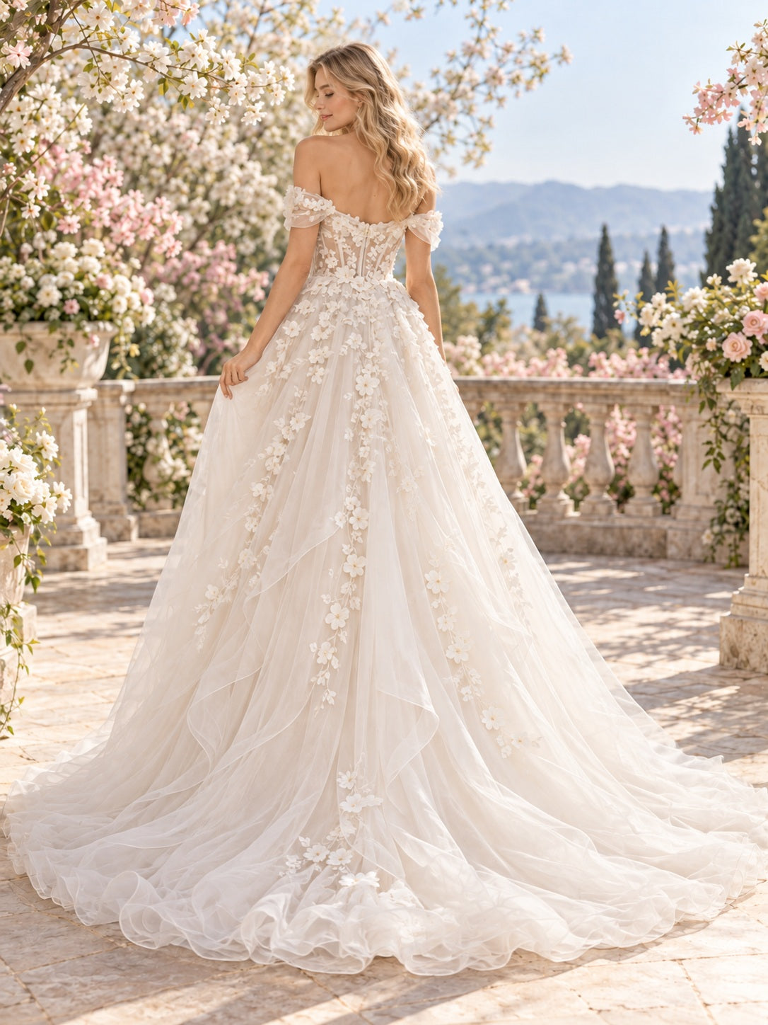 Schulterfreies herzförmiges Brautkleid aus floraler Spitze und Organza mit natürlicher Taille im natürlichen Frühlingsstil