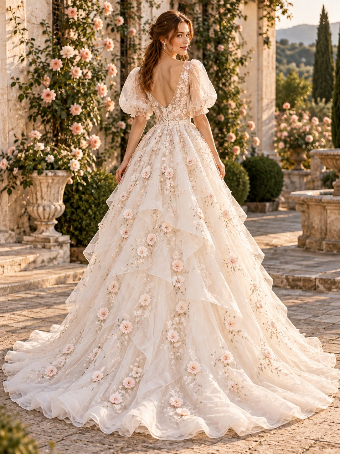 Blush Floral Organza V Neck Puff Sleeve Spring Wedding Dress — image 2, style 747762