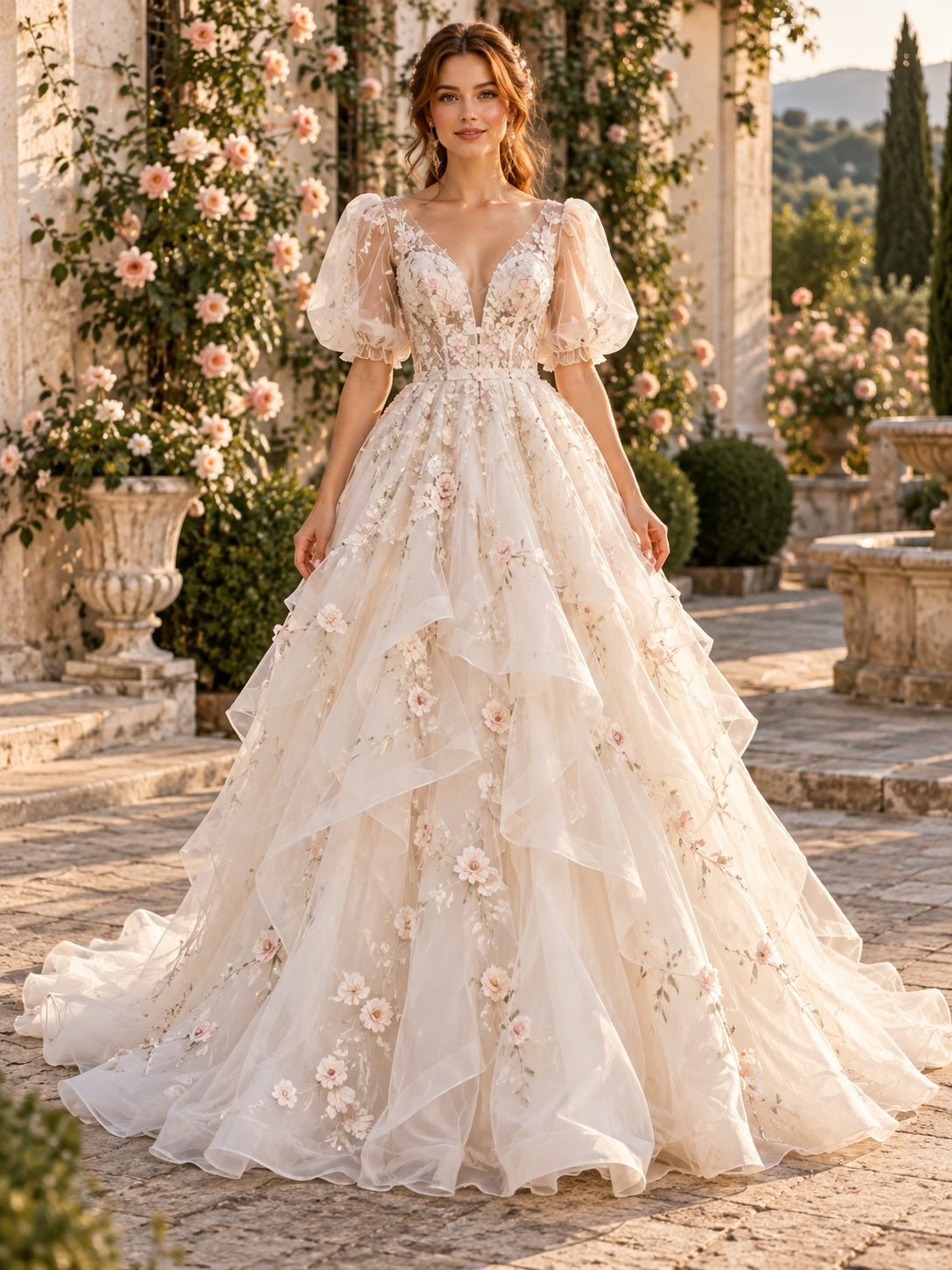 Blush Floral Organza V Neck Puff Sleeve Spring Wedding Dress — image 1, style 747762