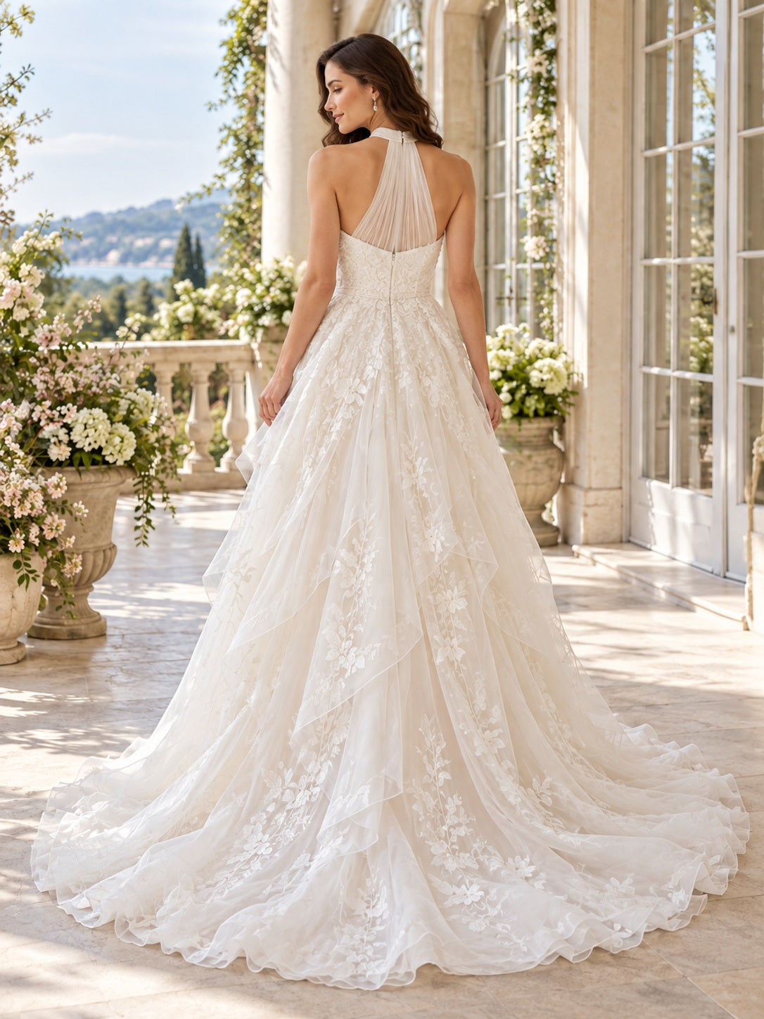 Halter Floral Lace Draped Organza A-Line Spring Natural Waist Wedding Dress — image 2, style 747764