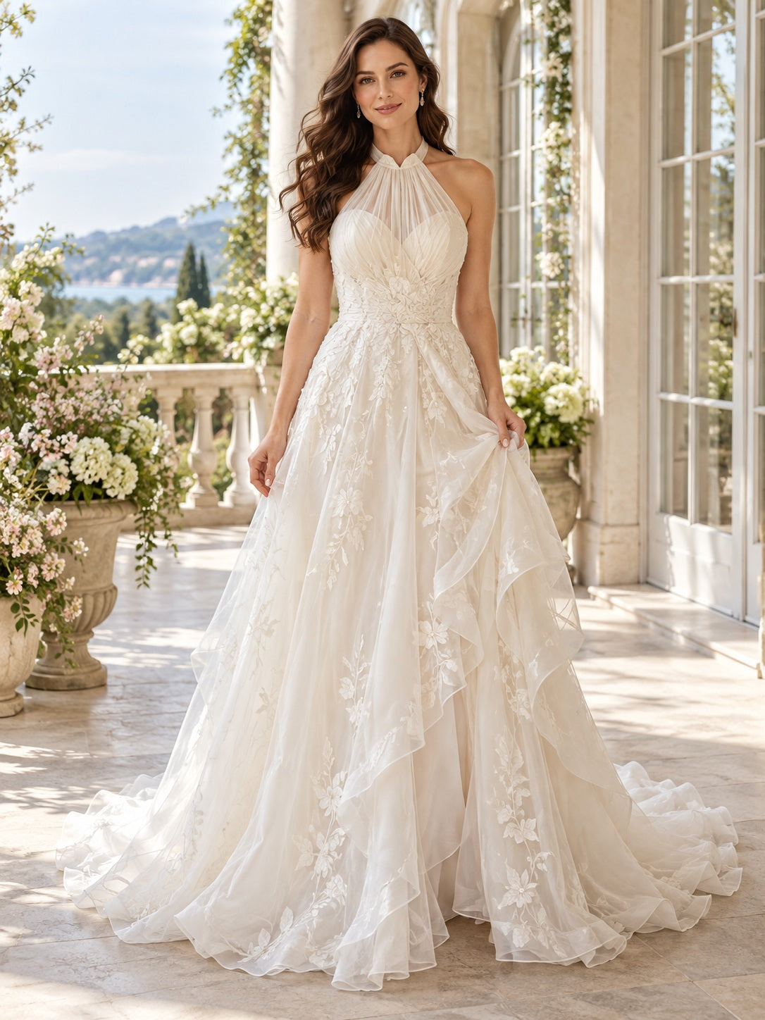 Halter Floral Lace Draped Organza A-Line Spring Natural Waist Wedding Dress — image 1, style 747764