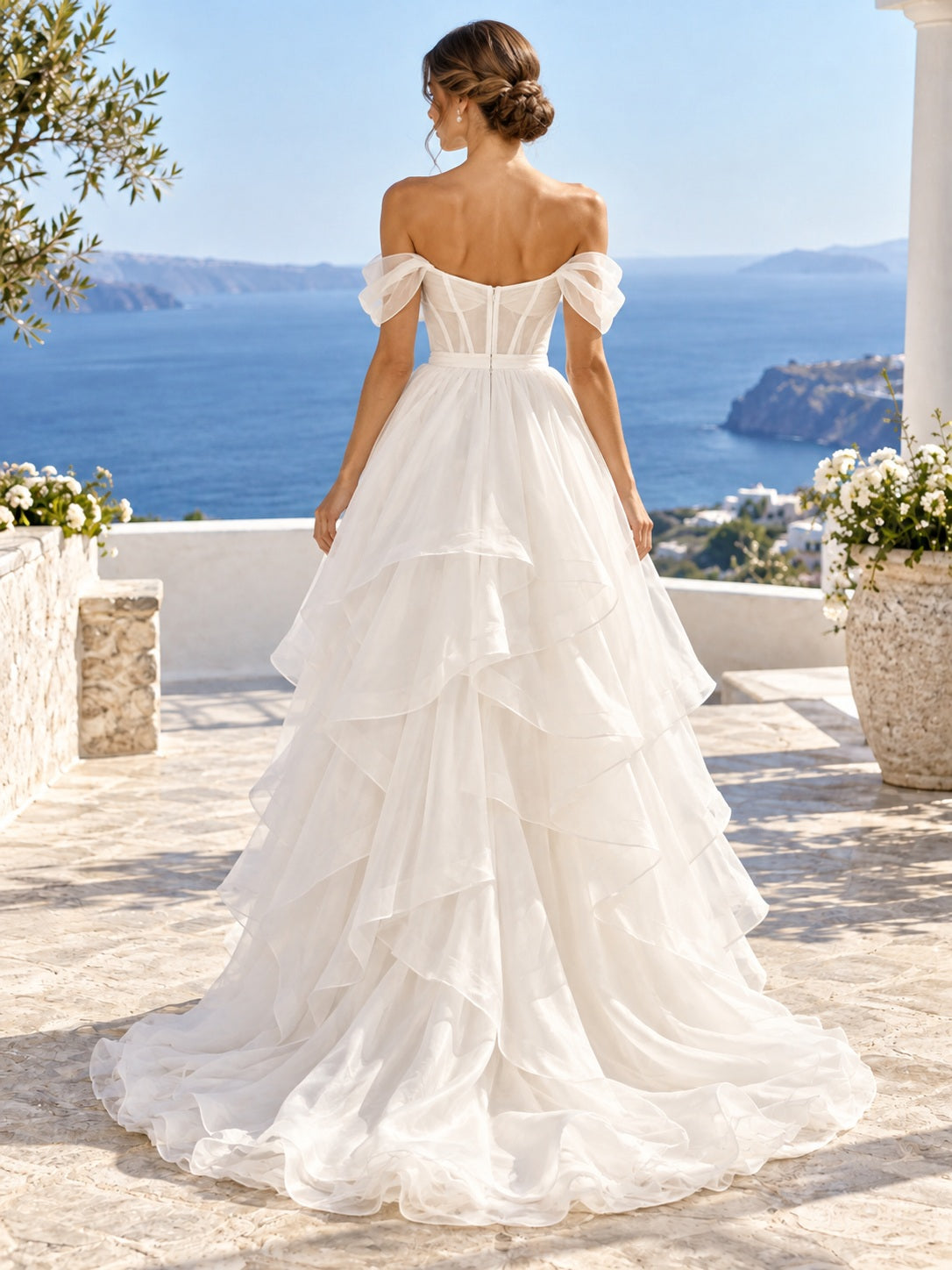 High-low Summer Organza Off Shoulder Sweetheart Ruffle Natural Waist Wedding Dress — image 2, style 747766