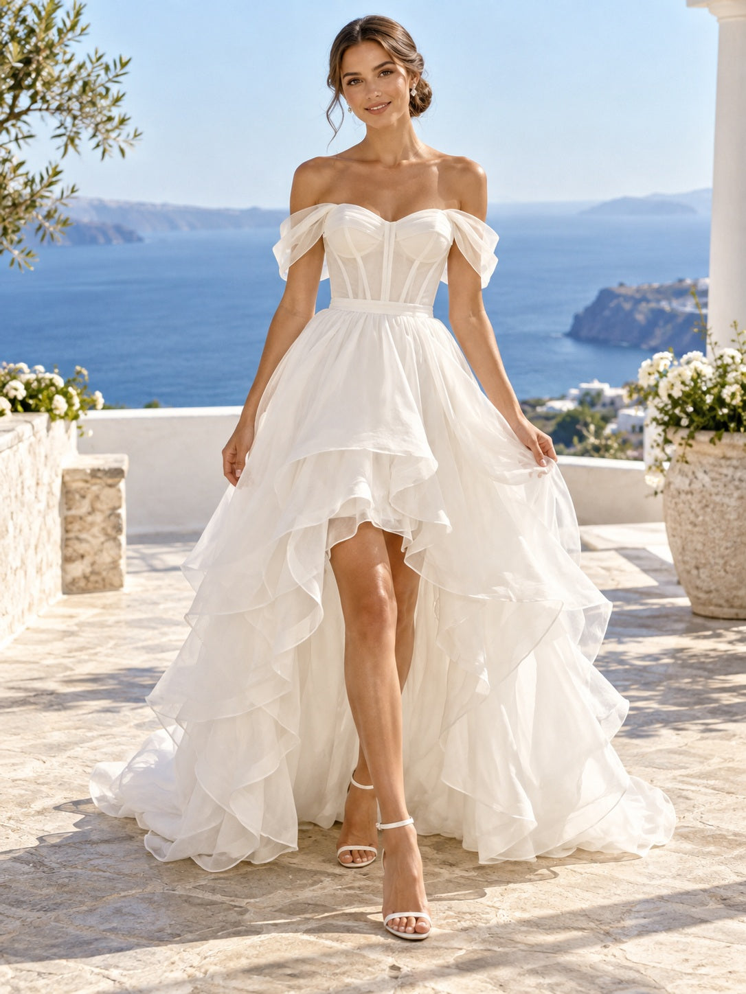 High-low Summer Organza Off Shoulder Sweetheart Ruffle Natural Waist Wedding Dress — image 1, style 747766
