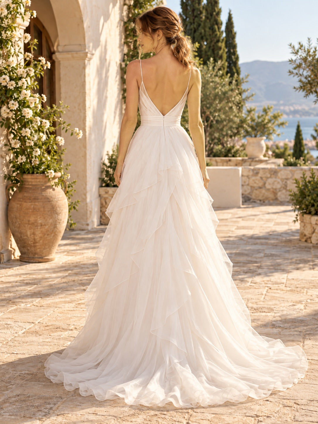 Summer Organza Spaghetti V Neck Tiered Split Natural Waist Wedding Dress — image 2, style 747768