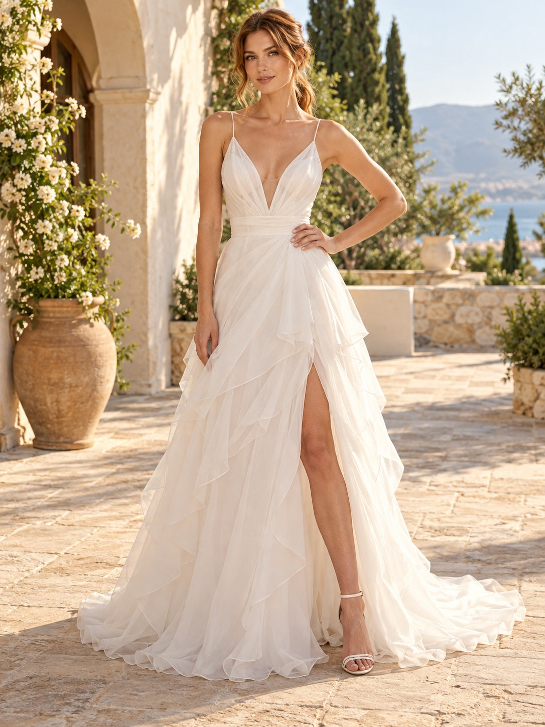 Summer Organza Spaghetti V Neck Tiered Split Natural Waist Wedding Dress — image 1, style 747768