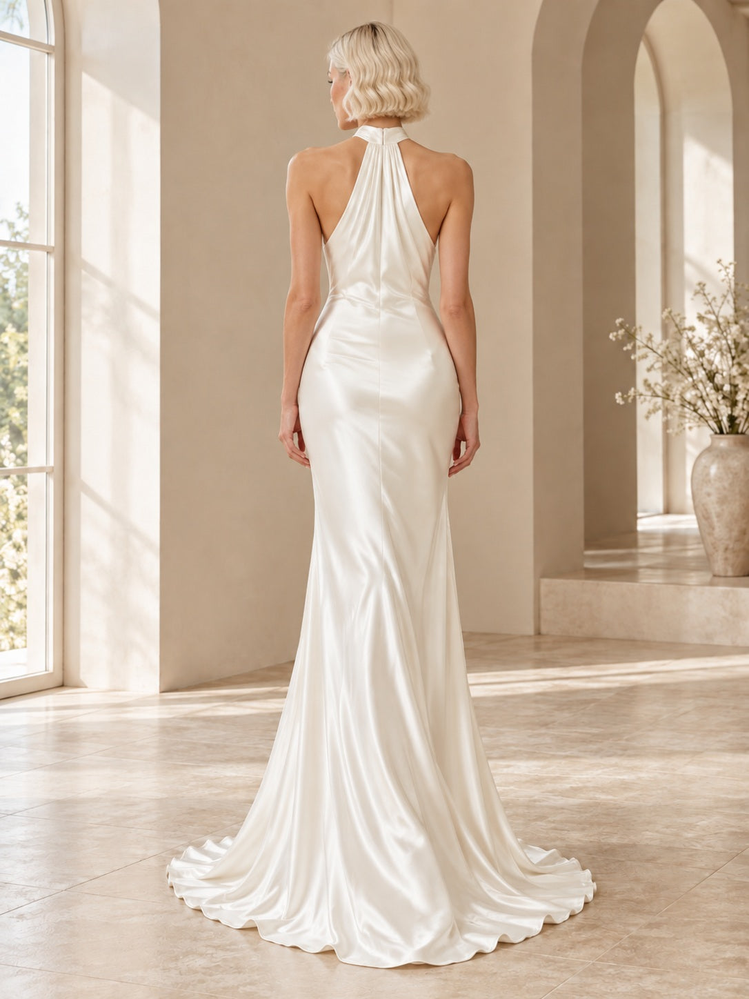 Robe de mariée d’été en satin, dos nu, froncée, fourreau, longueur balayage avec traîne, taille naturelle