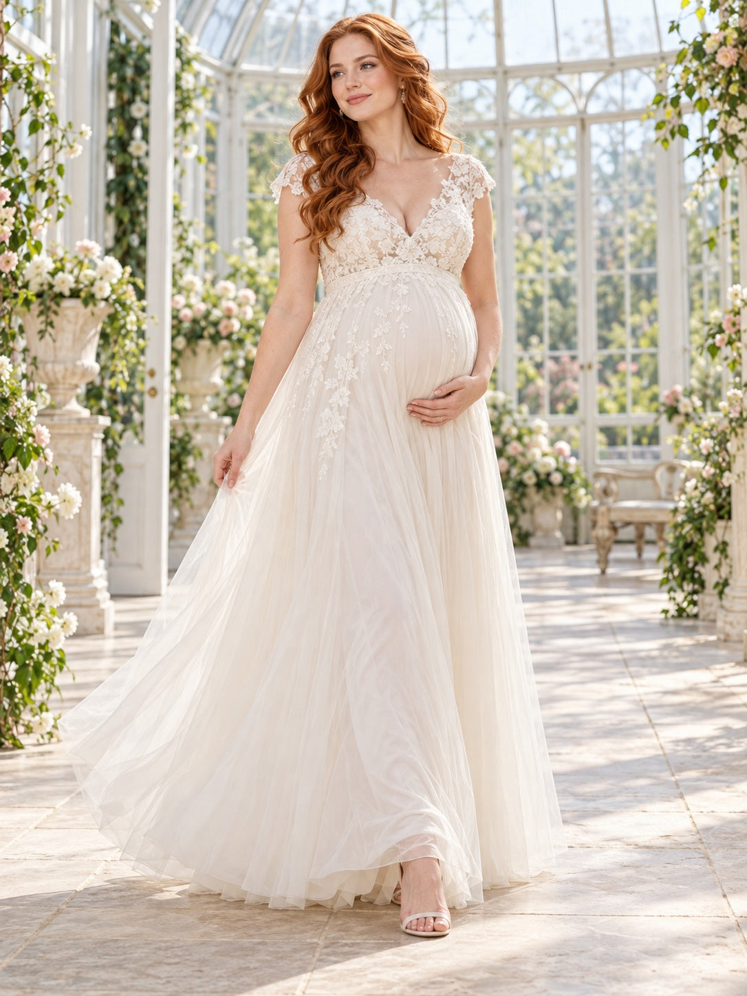 Vestido de novia premamá de tul y encaje en marfil, línea A, escote en V, manga corta y cola corta