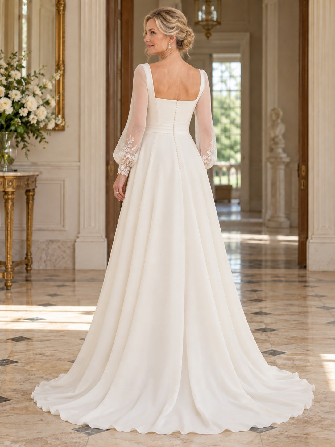 Square Neck Long Sheer Sleeve Natural Waist Wedding Dress for Older Brides — image 2, style 747798