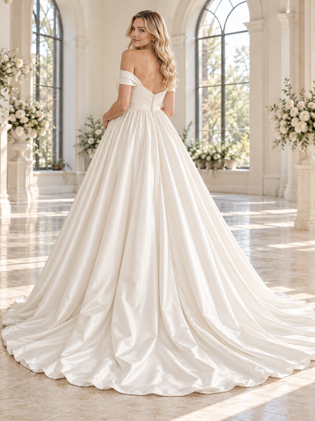 Maternity Off Shoulder Sweetheart Satin Princess Ball Gown Wedding Dress — image 2, style 747810