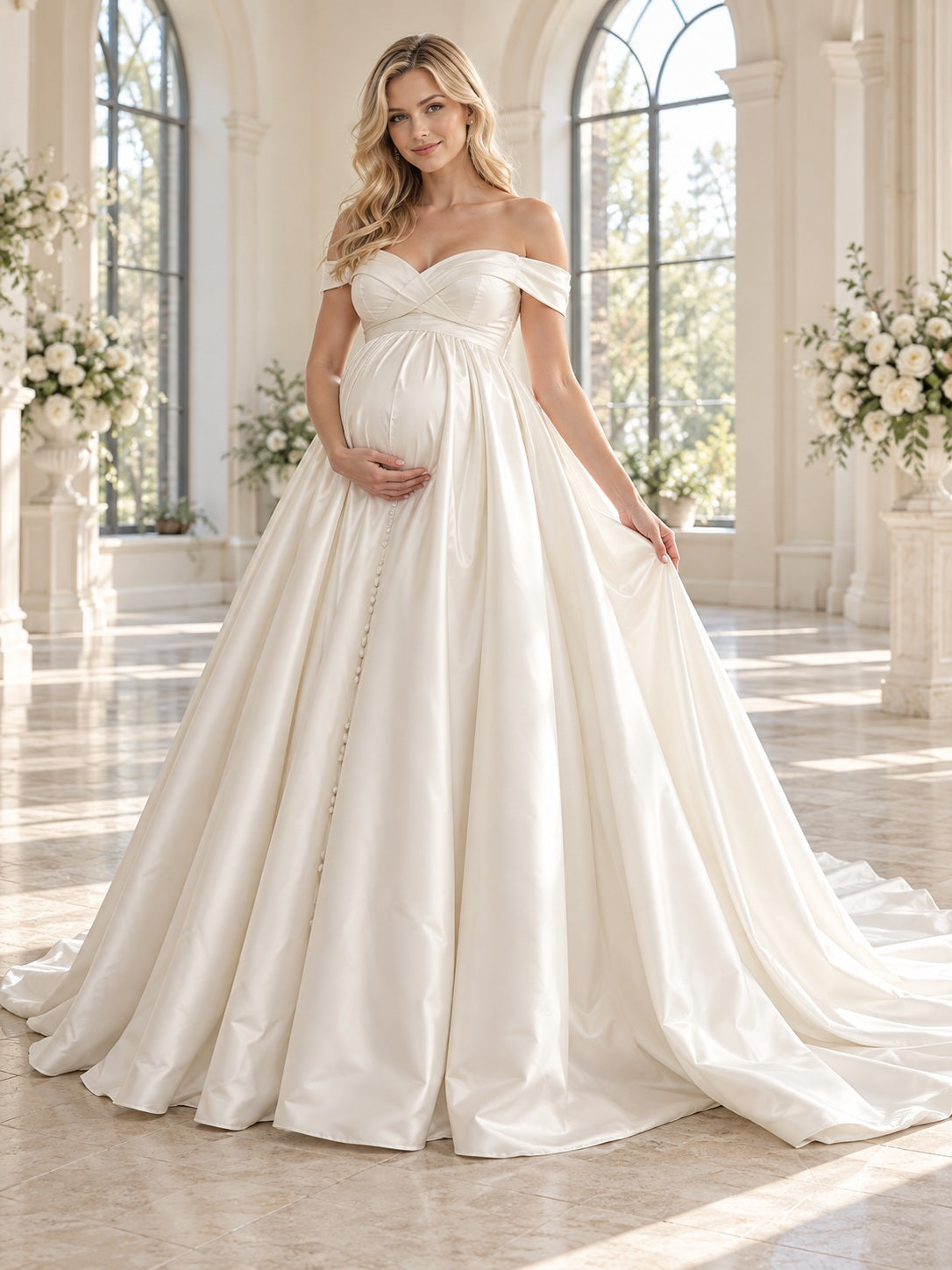 Maternity Off Shoulder Sweetheart Satin Princess Ball Gown Wedding Dress — image 1, style 747810