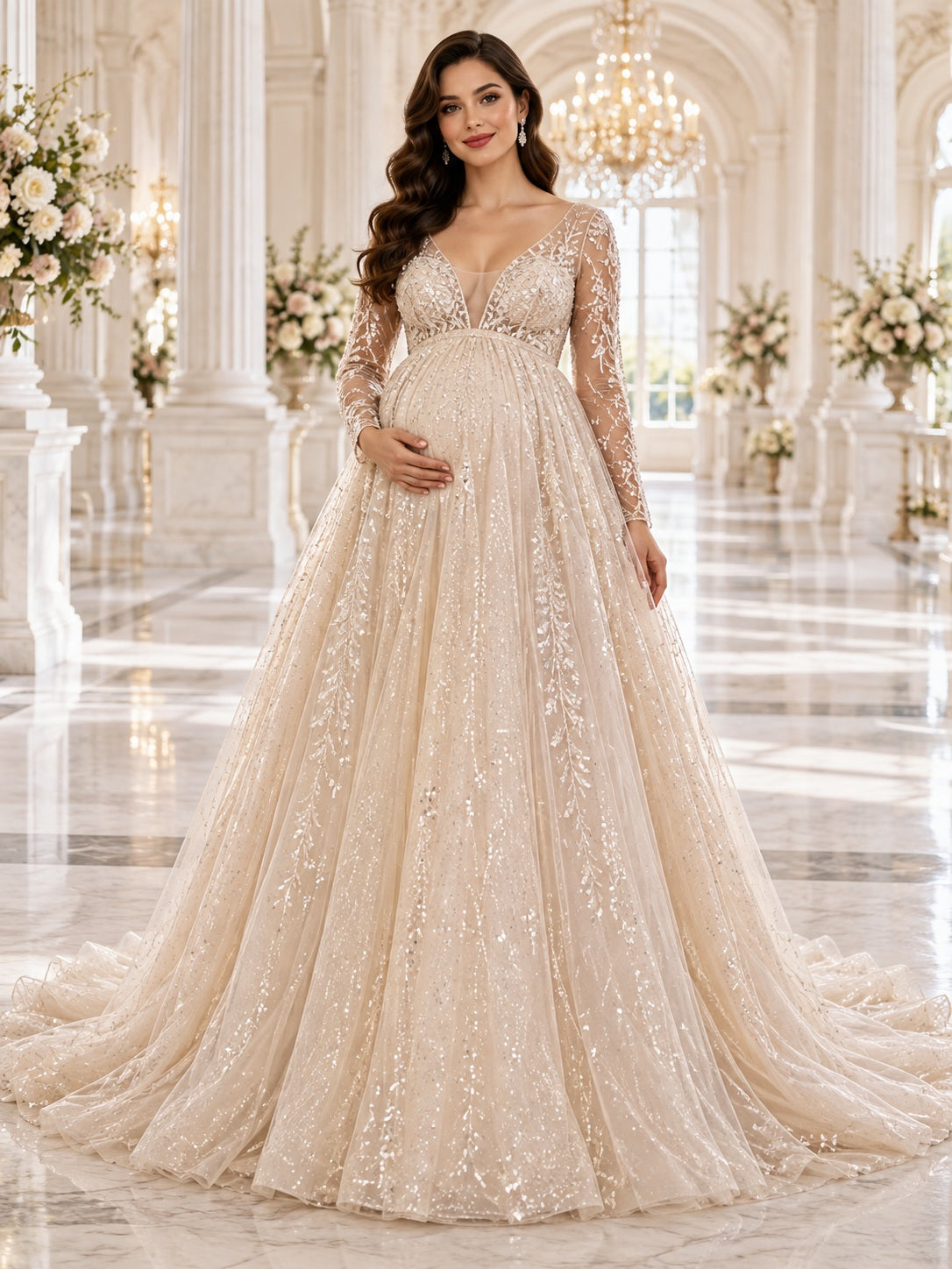 Maternity Champagne V Neck Long Beaded Sleeve Princess Wedding Dress — image 1, style 747814