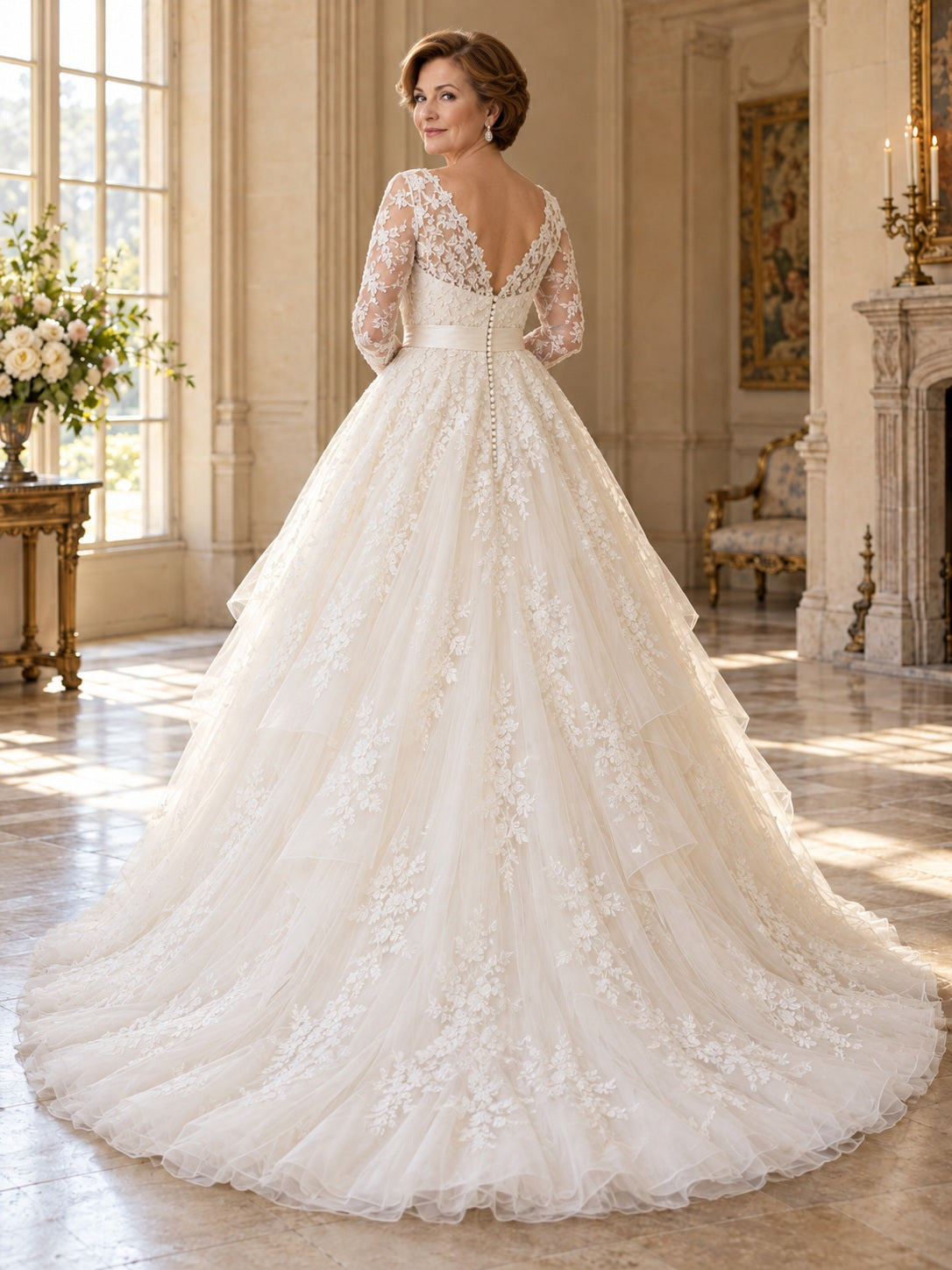 Vestido de novia de tul y encaje en marfil, corte princesa, escote en V, manga larga y cola corta