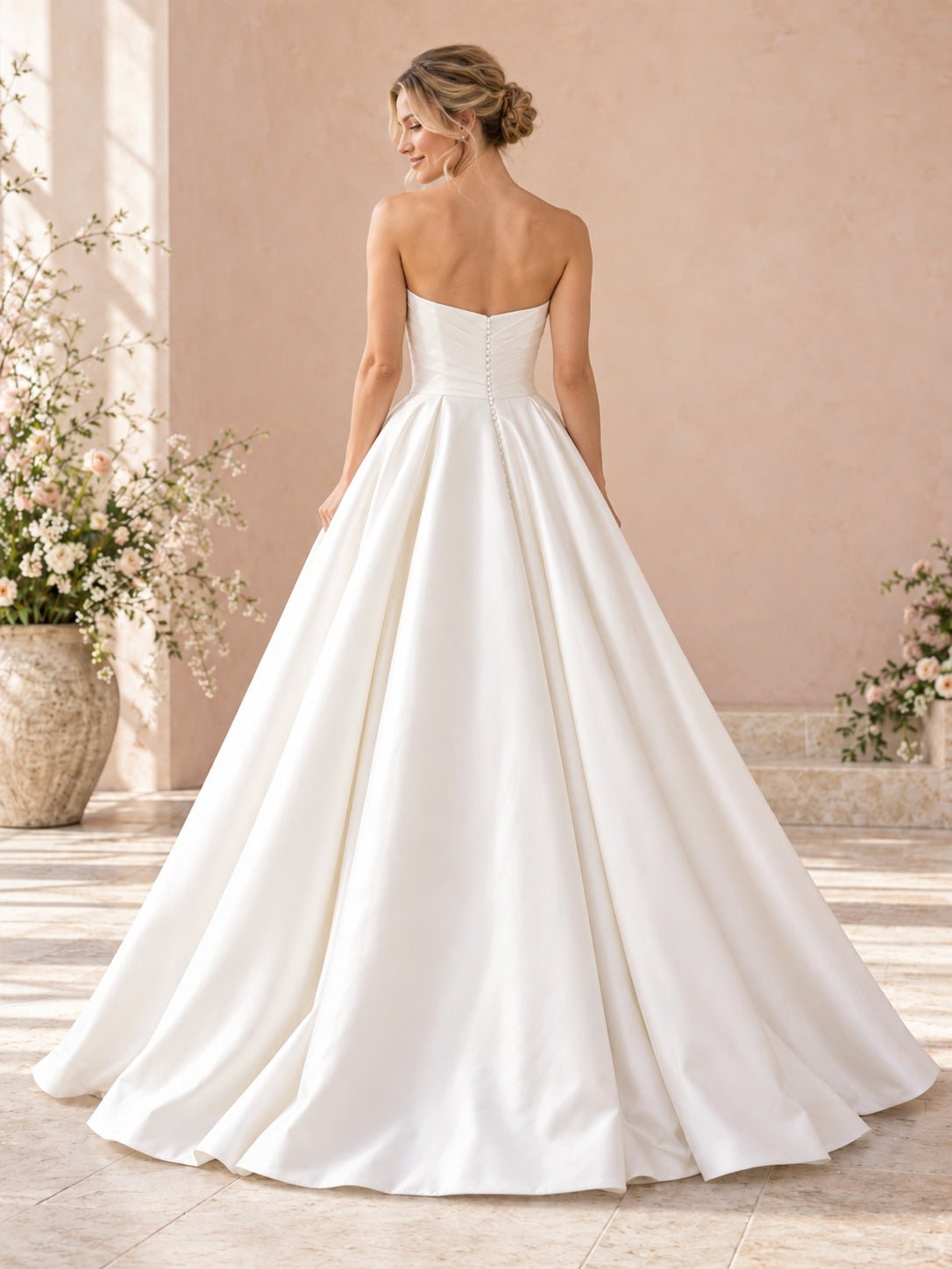 Robe de mariée de bal de princesse simple en satin froncé, bustier cœur