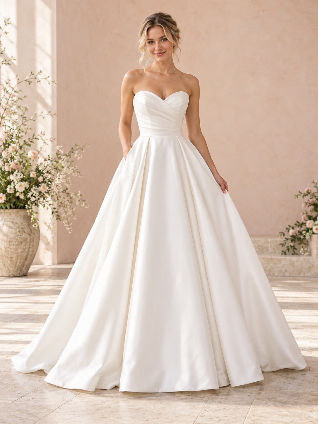 Robe de mariée de bal de princesse simple en satin froncé, bustier cœur