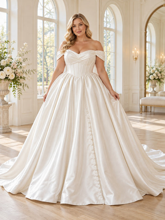 Robe de mariée grande taille en satin à épaules dénudées, décolleté cœur et traîne de princesse