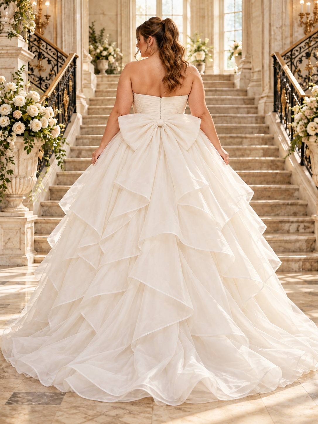 Plus Size Strapless Organza Cascading Ruffle Princess Natural Waist Wedding Dress — image 2, style 747829