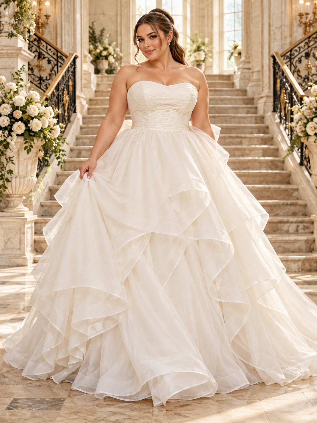 Plus Size Strapless Organza Cascading Ruffle Princess Natural Waist Wedding Dress — image 1, style 747829