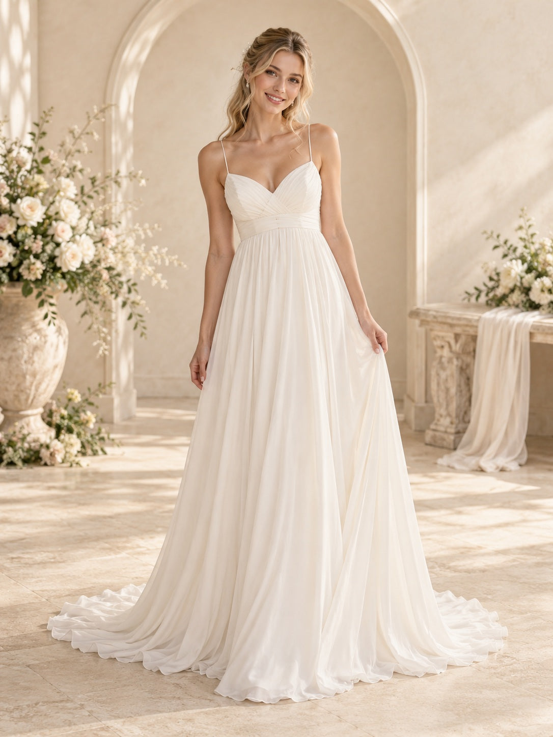 Robe de mariée en mousseline froncée à taille empire, fines bretelles, décolleté cœur et traîne balayage