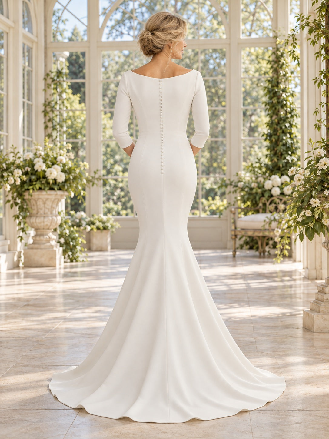 Vestido de novia de satén en marfil, corte sirena, escote barco, manga tres cuartos y cola corta