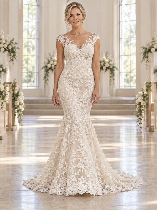 Vestido de novia de encaje en marfil, corte sirena, escote barco y escote corazón, manga corta y cola corta