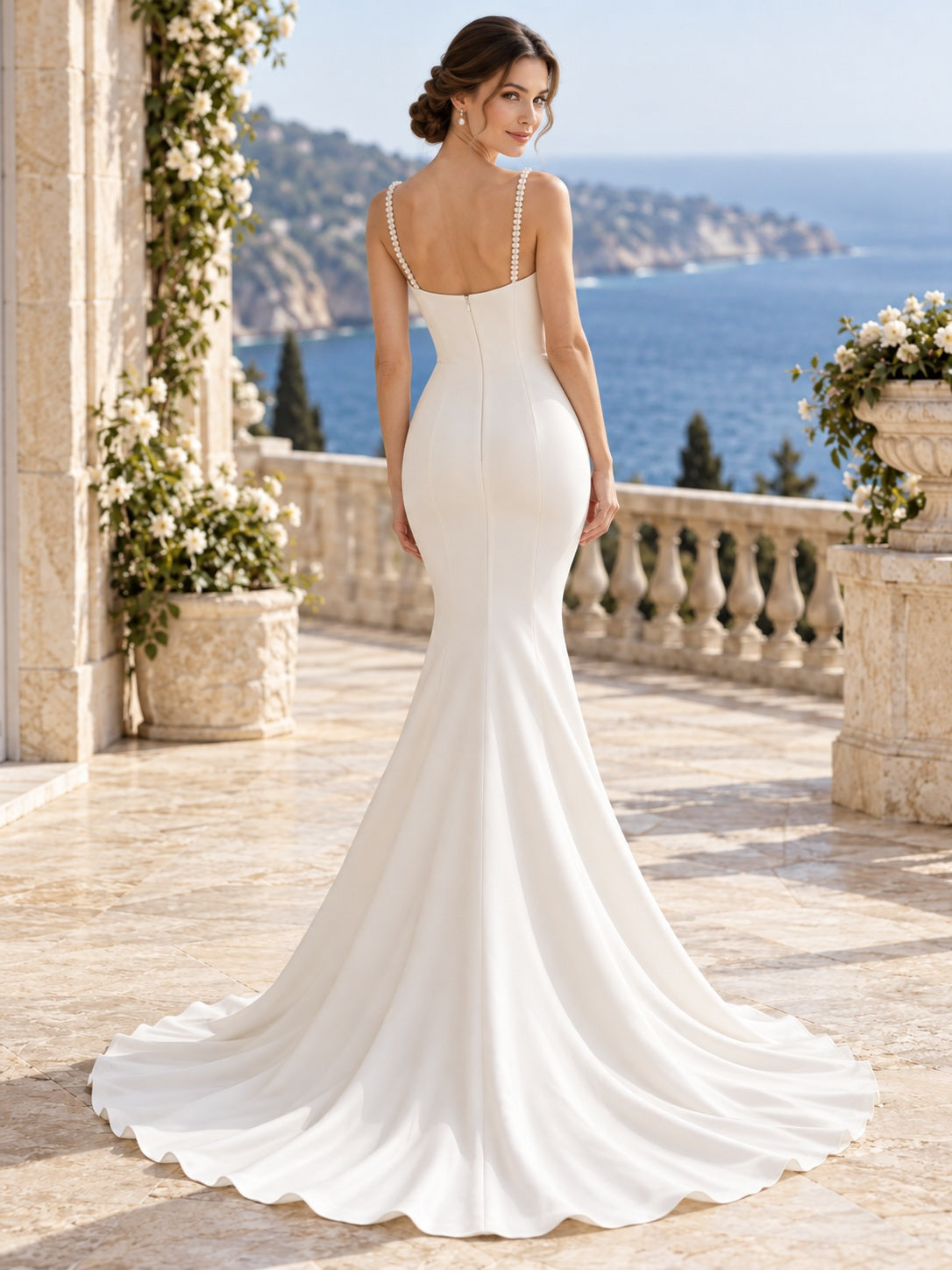 Vestido de novia de satén en marfil, corte sirena, escote cuadrado, sin mangas y cola corta