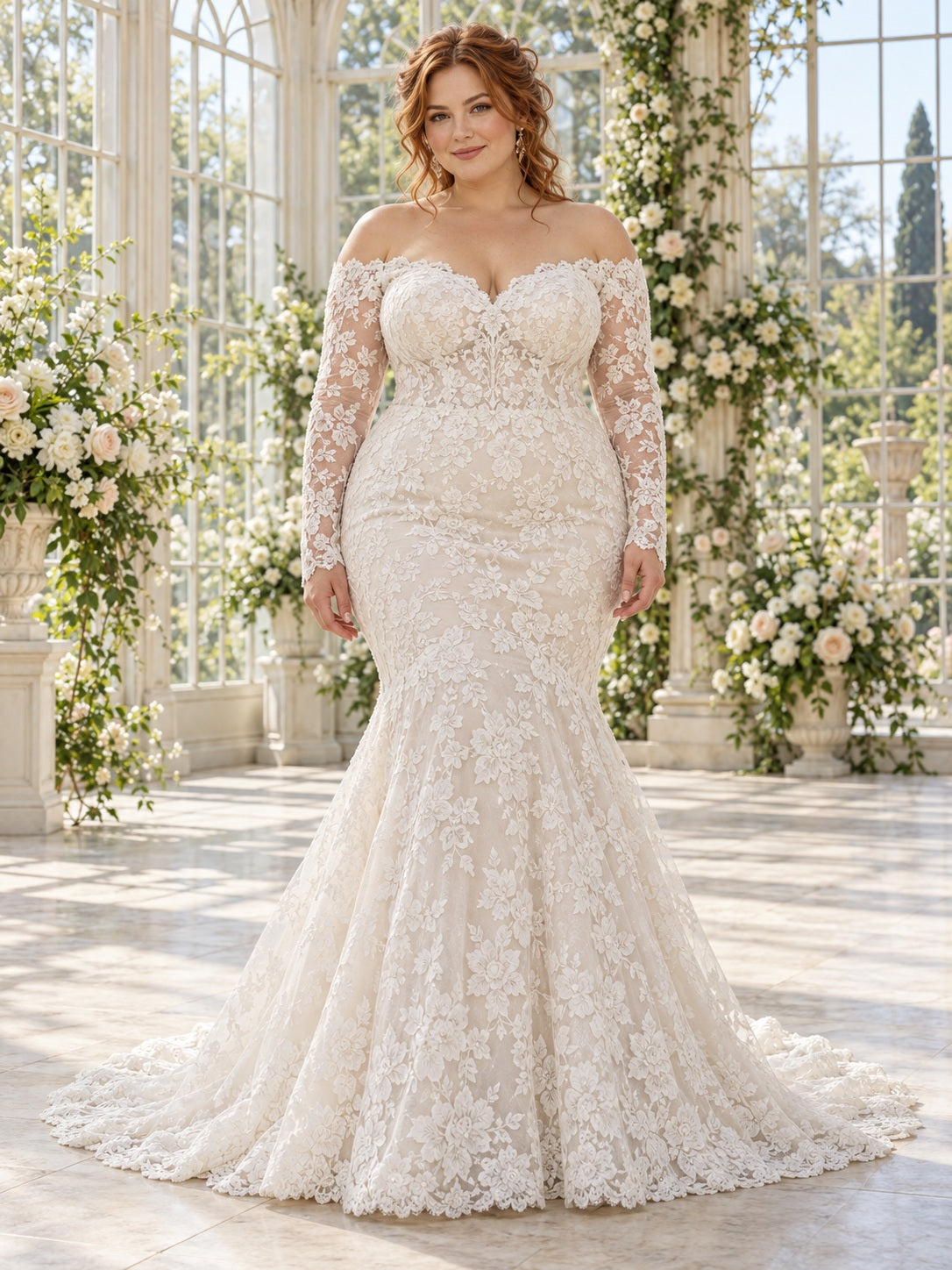 Robe de mariée grande taille sirène à épaules dénudées et longues manches en dentelle