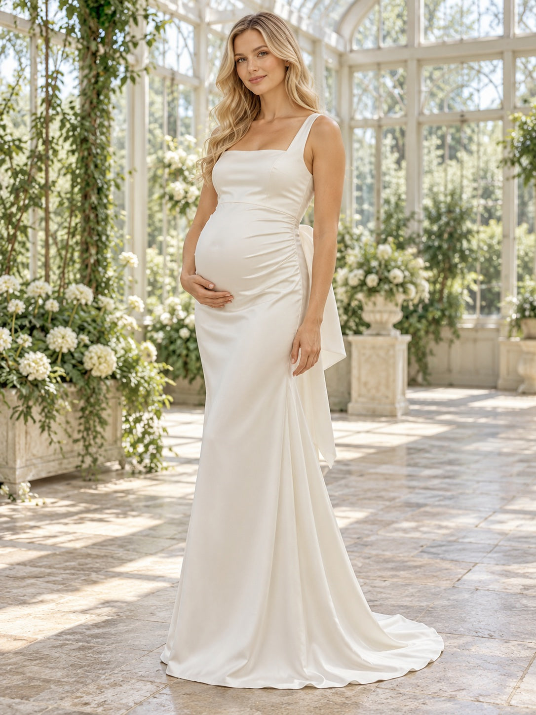 Simple Maternity Square Neck Sheath Ruched Satin Bow Train Wedding Dress — image 1, style 747871