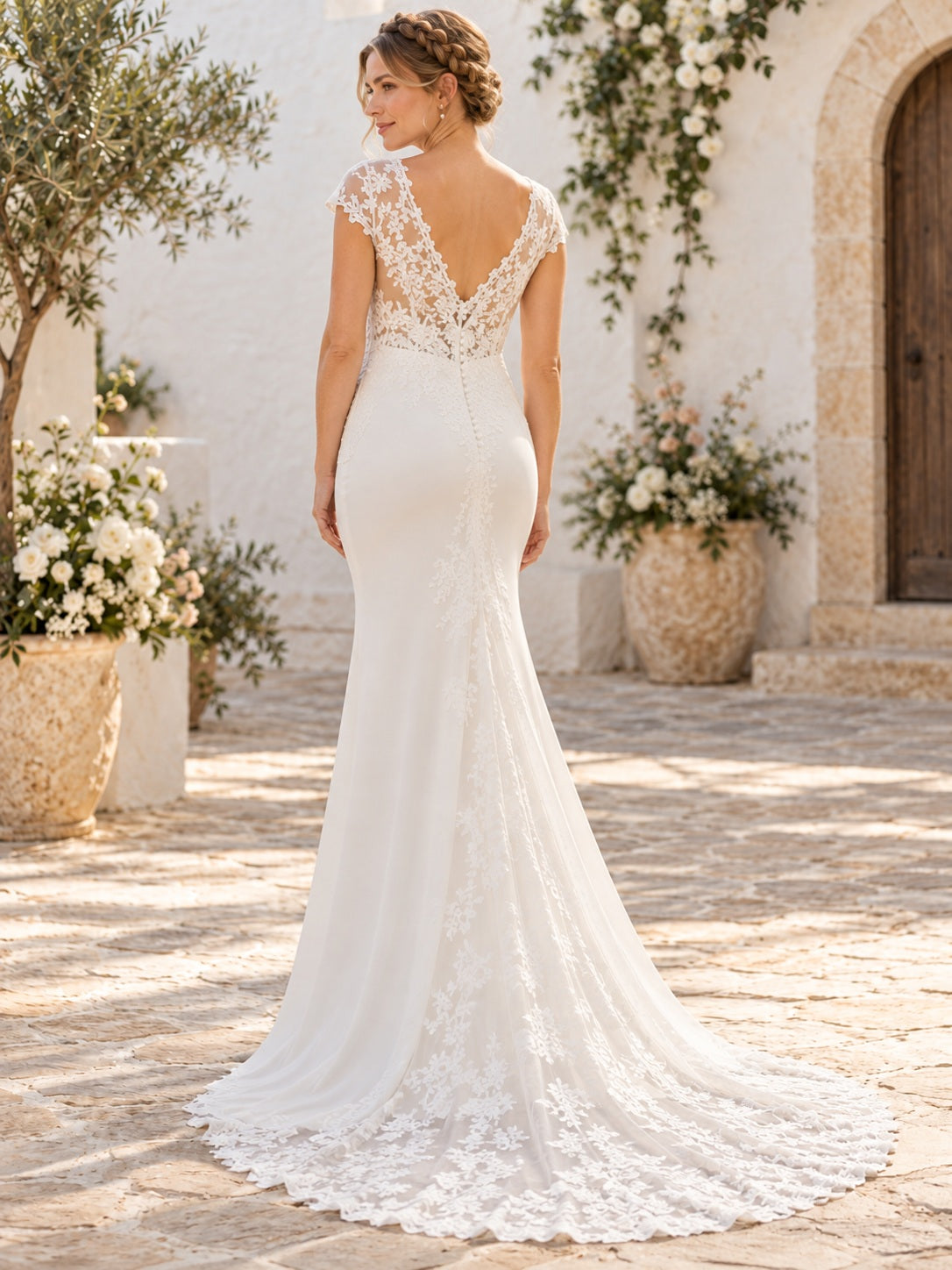 Maternity Floral Lace V Neck Cap Sleeve Sheath Train Wedding Dress — image 2, style 747873