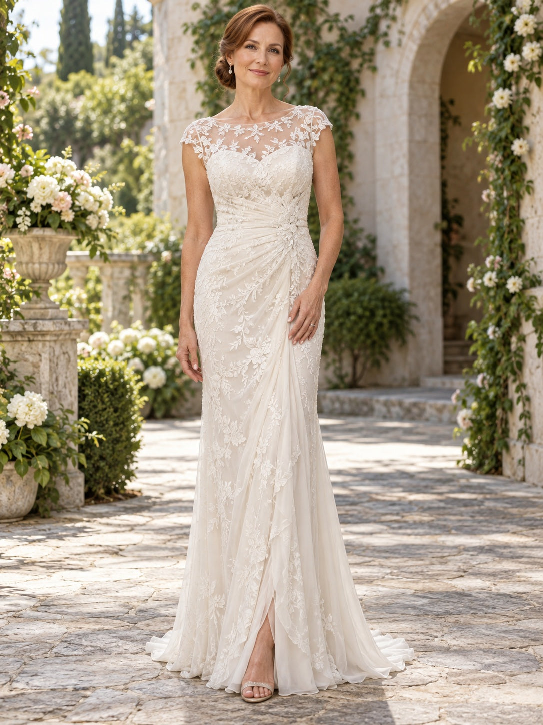 Floral Lace Sheath Jewel Neck Cap Sleeve Ruched Train Wedding Dress — image 1, style 747876