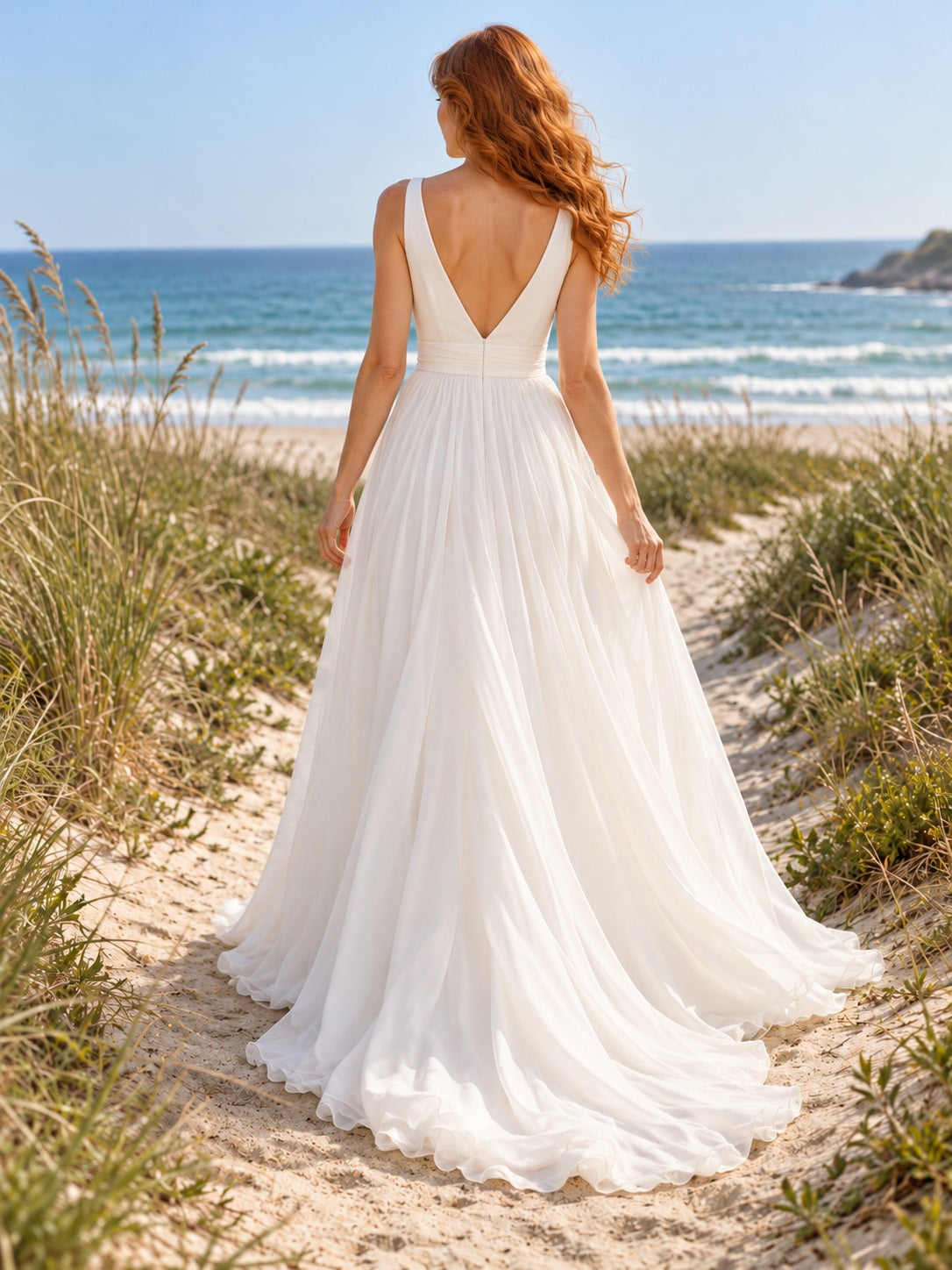 Einfaches, legeres A-Linien-Brautkleid aus Chiffon mit V-Ausschnitt, Falten und Schleppe im Strand-Stil