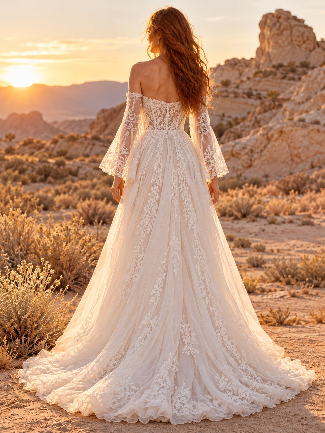 Boho Long Bell Sleeve Off Shoulder A-line Lace Split Wedding Dress — image 2, style 747896