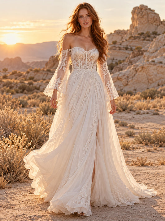Boho Long Bell Sleeve Off Shoulder A-line Lace Split Wedding Dress — image 1, style 747896